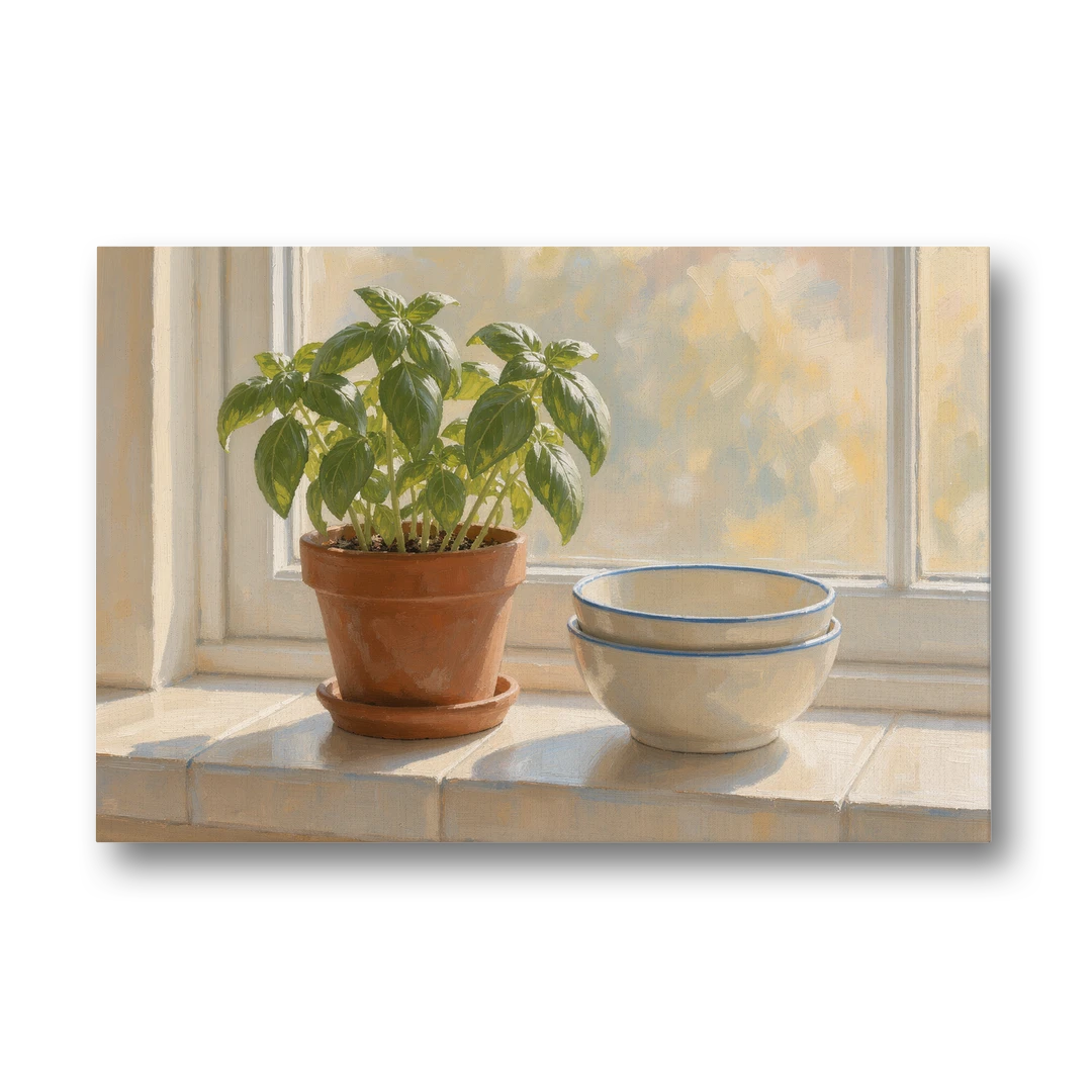 Herbs Wall Art with Basil and Cream Bowls - Canvas Wall Art - Front