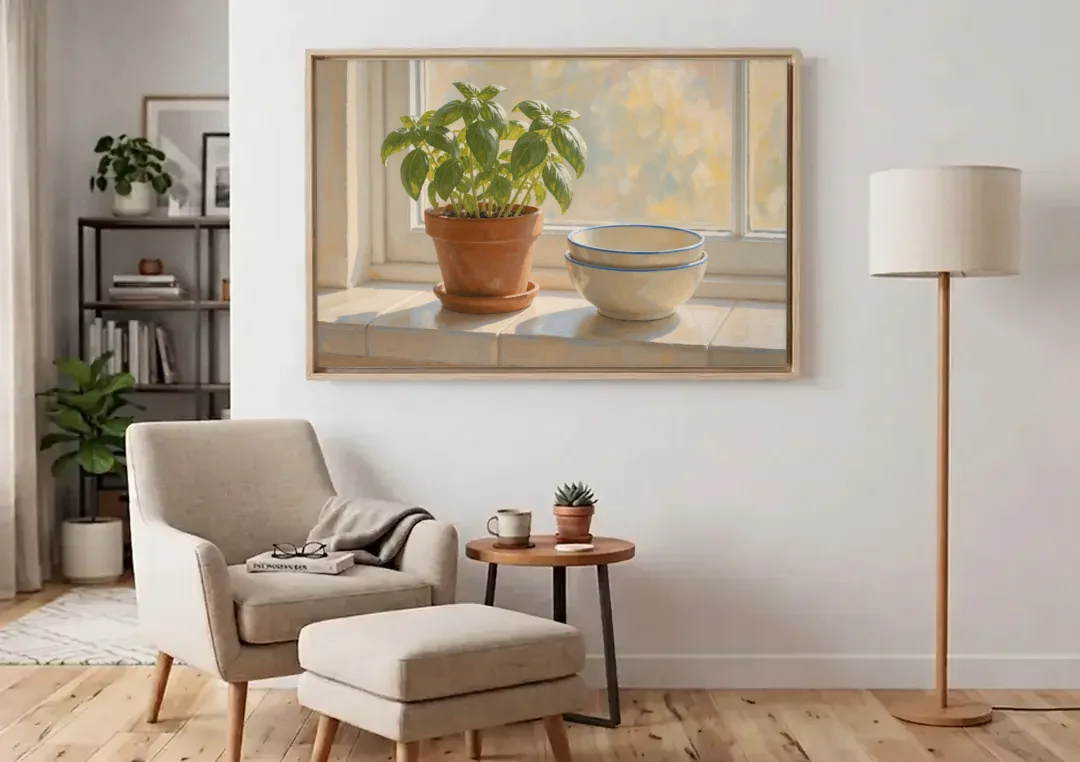 Herbs Wall Art with Basil and Cream Bowls canvas wall art above an armchair in a bright living room