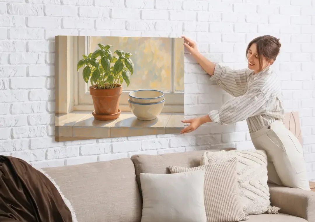 Herbs Wall Art with Basil and Cream Bowls canvas wall art being hung on a white brick wall above a sofa
