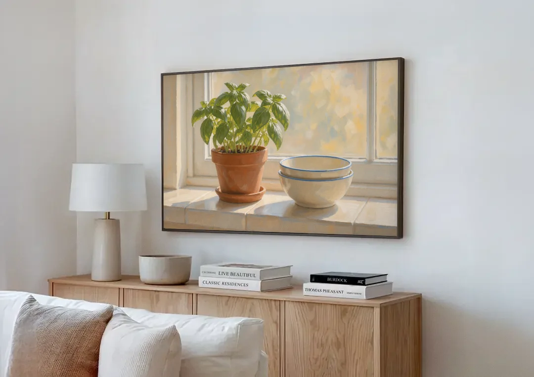Herbs Wall Art with Basil and Cream Bowls canvas wall art above a wooden sideboard next to a sofa