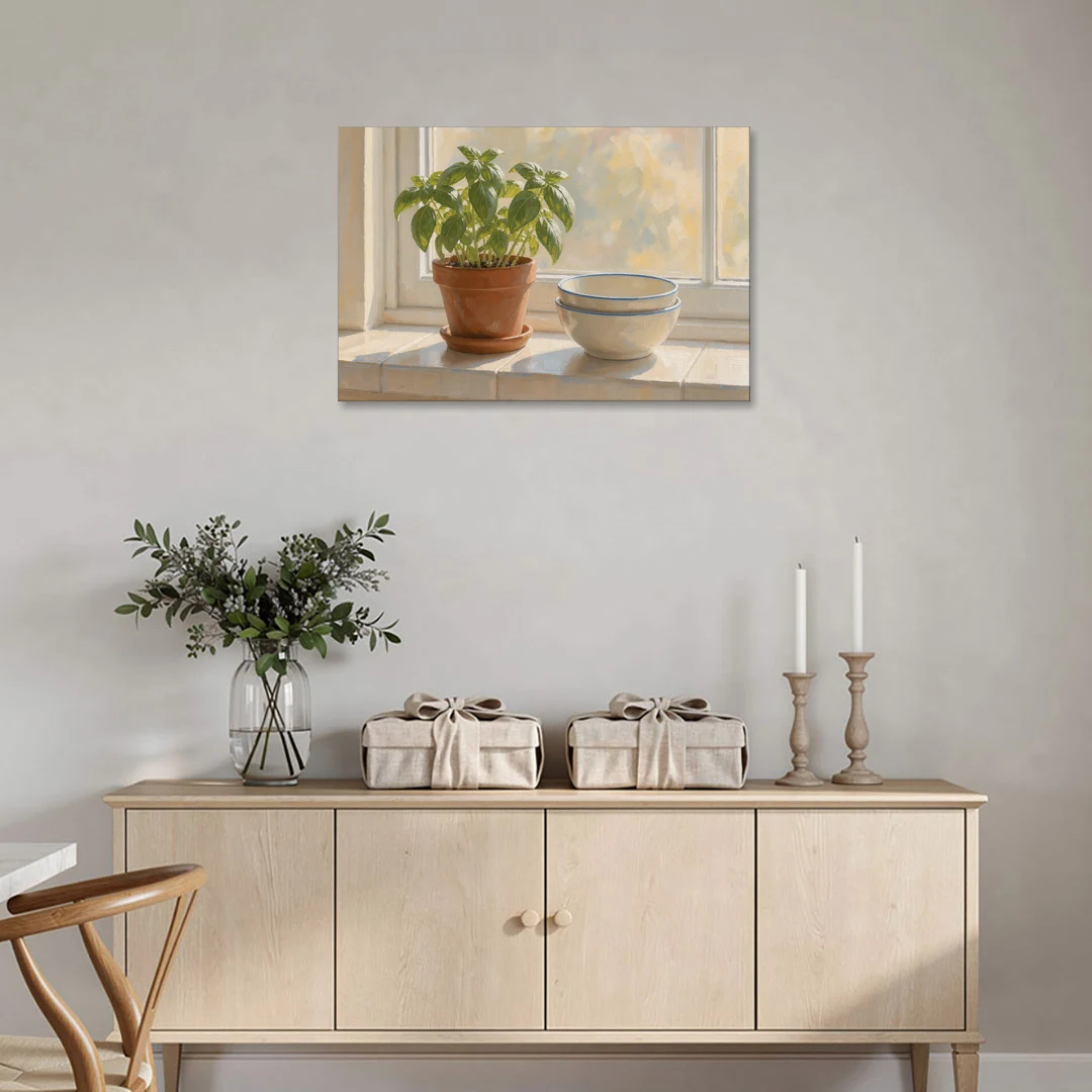 Herbs Wall Art with Basil and Cream Bowls - Canvas Wall Art - Coffee Table - 36x24