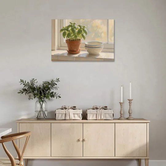 Herbs Wall Art with Basil and Cream Bowls - Canvas Wall Art - Coffee Table - 36x24