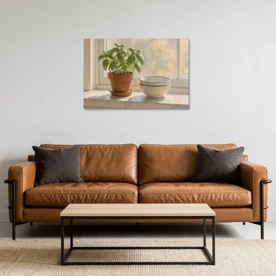 Herbs Wall Art with Basil and Cream Bowls - Canvas Wall Art - Sofa - 36x24