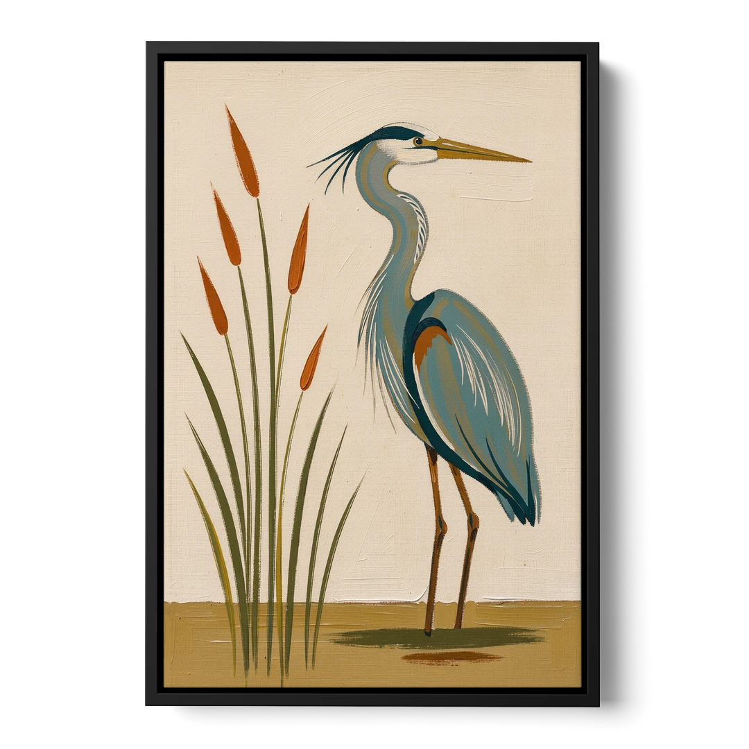 Heron Wall Art of a Blue Heron Among Cattails - Black Framed Canvas Wall Art - Front