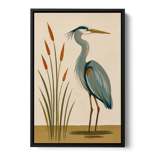 Heron Wall Art of a Blue Heron Among Cattails - Black Framed Canvas Wall Art - Front