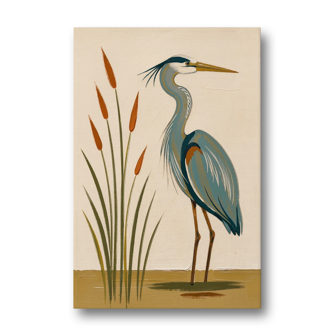 Heron Wall Art of a Blue Heron Among Cattails - Canvas Wall Art - Front