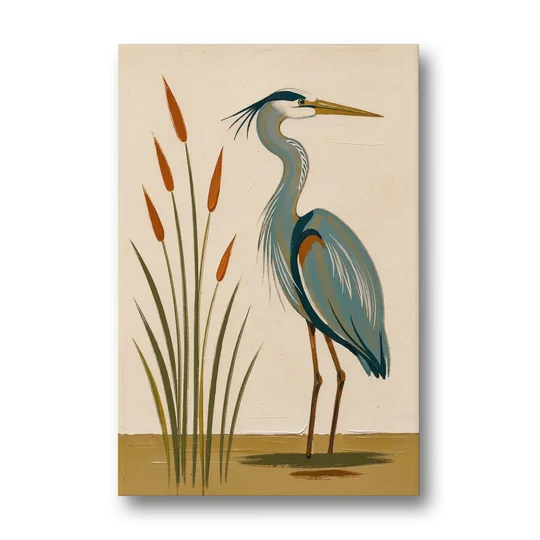 Heron Wall Art of a Blue Heron Among Cattails - Canvas Wall Art - Front