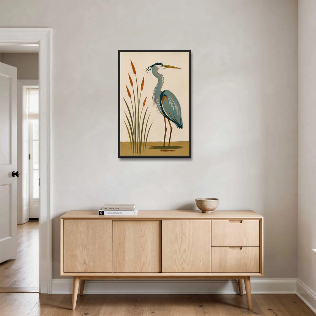 Heron Wall Art of a Blue Heron Among Cattails - Black Framed Canvas Wall Art - Coffee Table - 24x36