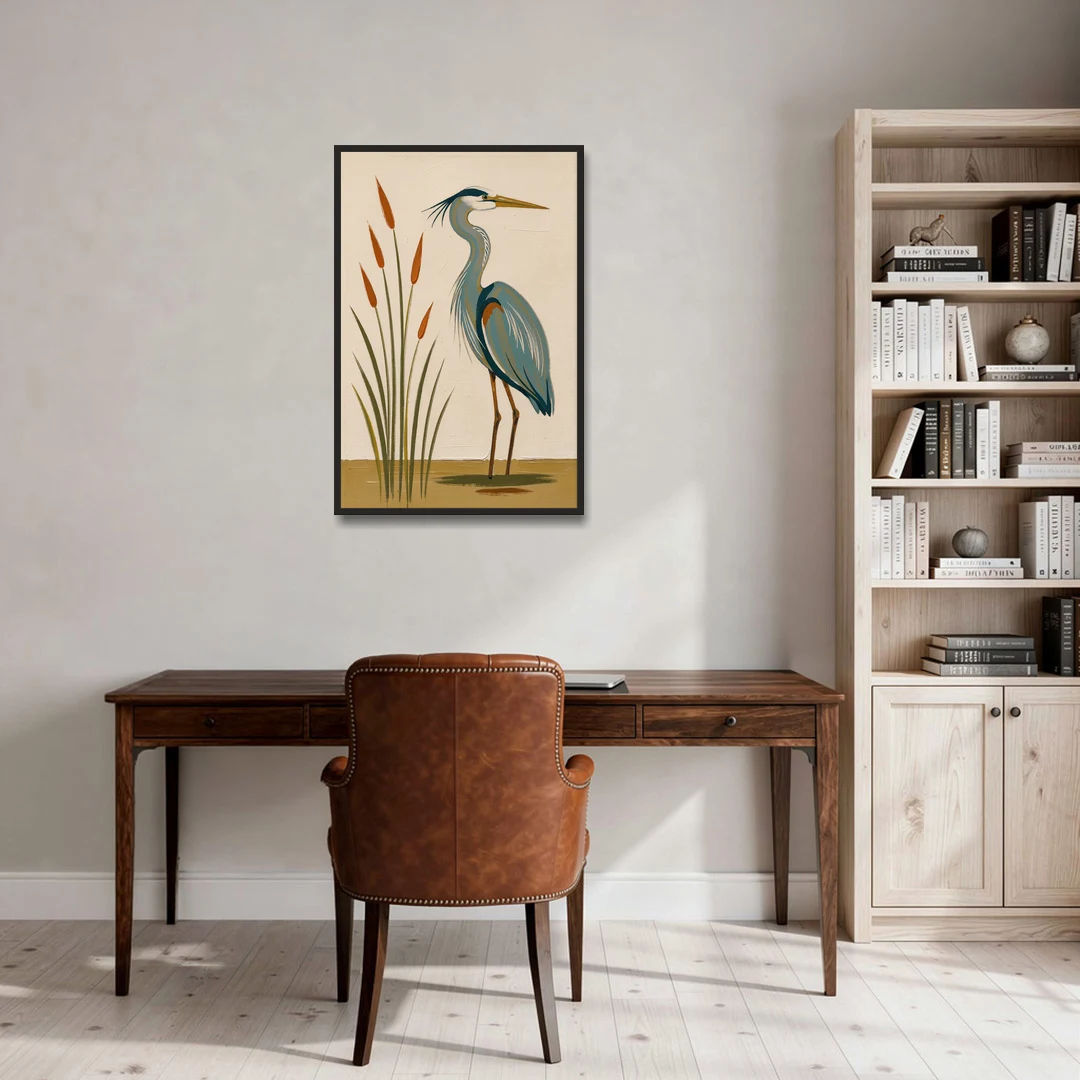 Heron Wall Art of a Blue Heron Among Cattails - Black Framed Canvas Wall Art - Office - 24x36