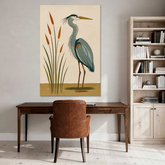 Heron Wall Art of a Blue Heron Among Cattails - Canvas Wall Art - Office - 40x60