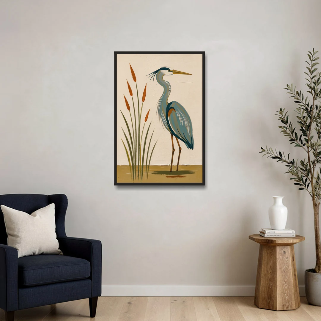 Heron Wall Art of a Blue Heron Among Cattails - Black Framed Canvas Wall Art - Sofa - 24x36