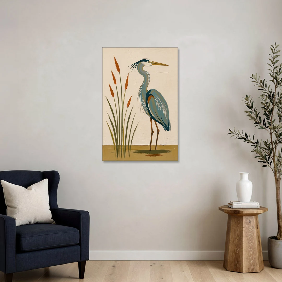 Heron Wall Art of a Blue Heron Among Cattails - Canvas Wall Art - Sofa - 24x36