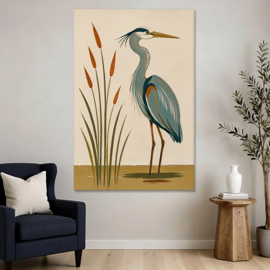 Heron Wall Art of a Blue Heron Among Cattails - Canvas Wall Art - Sofa - 40x60