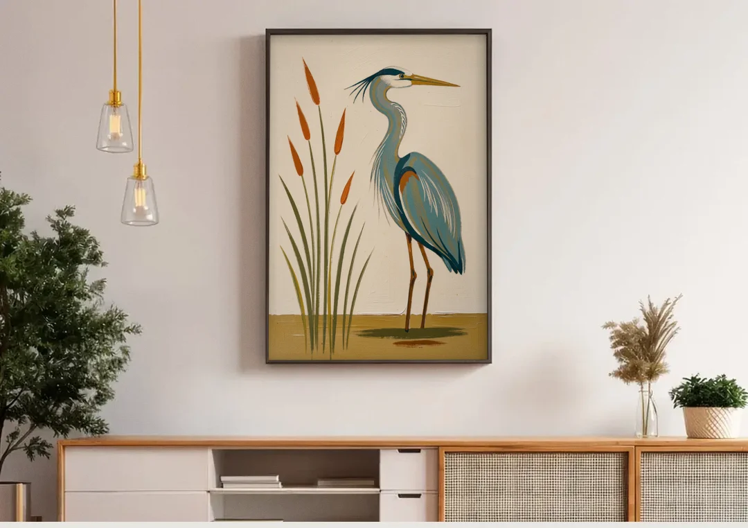 Heron Wall Art of a Blue Heron Among Cattails canvas wall art above a wooden sideboard under pendant lights