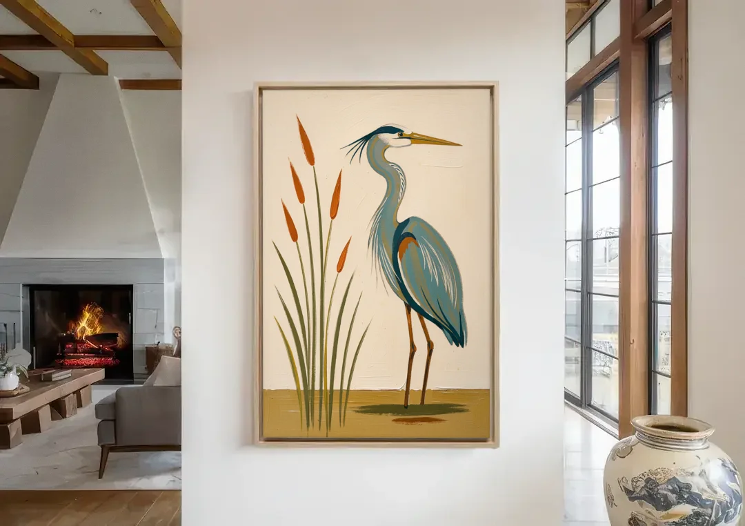 Heron Wall Art of a Blue Heron Among Cattails canvas wall art in a living room with a fireplace