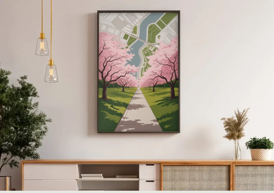 High Park Cherry Blossoms canvas wall art above a wooden sideboard under pendant lights