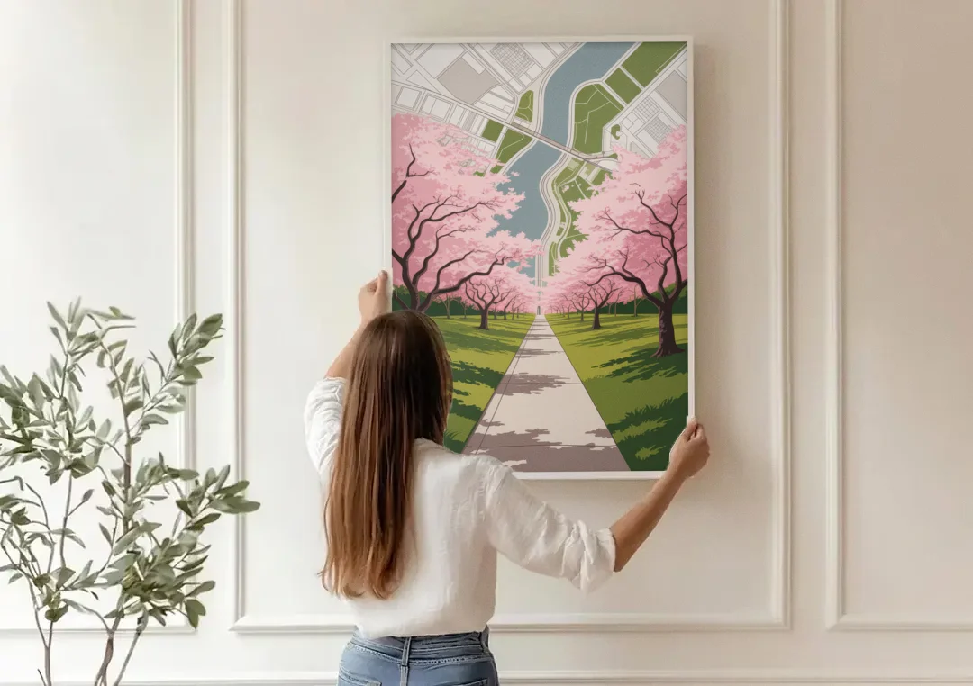 High Park Cherry Blossoms canvas wall art being hung on a paneled wall