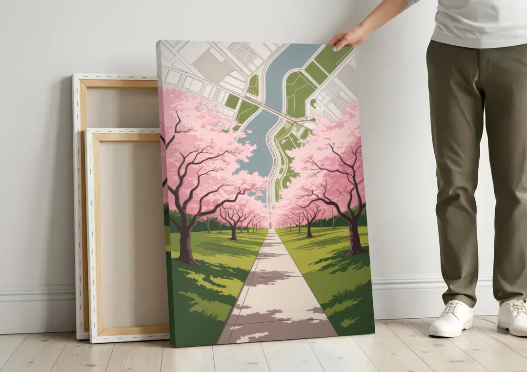 High Park Cherry Blossoms canvas wall art leaning against a wall next to blank canvases