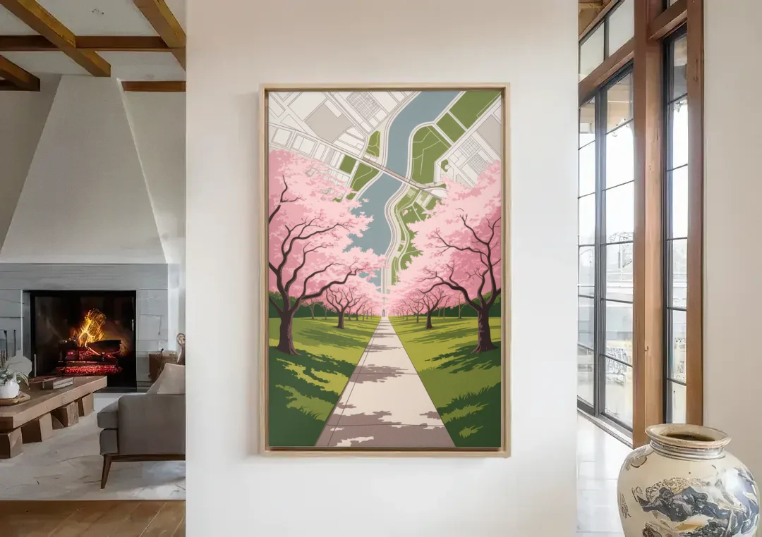 High Park Cherry Blossoms canvas wall art in a living room with a fireplace