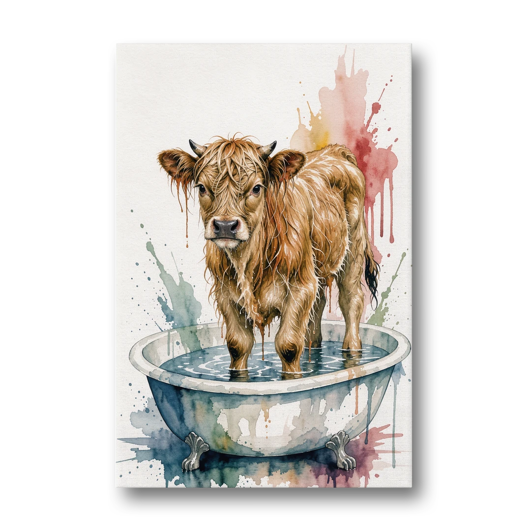 Highland Cow Bathroom Canvas with a Dripping Calf - Canvas Wall Art - Front