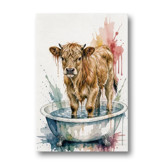 Highland Cow Bathroom Canvas with a Dripping Calf - Canvas Wall Art - Front