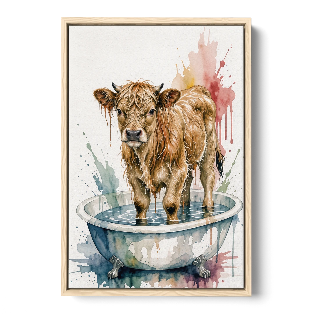 Highland Cow Bathroom Canvas with a Dripping Calf - Oak Framed Canvas Wall Art - Front
