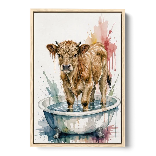 Highland Cow Bathroom Canvas with a Dripping Calf - Oak Framed Canvas Wall Art - Front