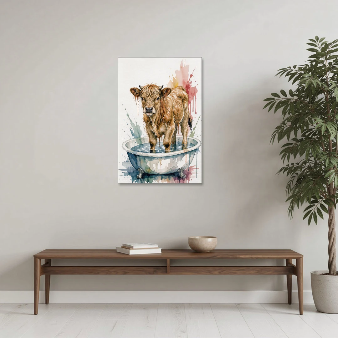 Highland Cow Bathroom Canvas with a Dripping Calf - Canvas Wall Art - Coffee Table - 24x36