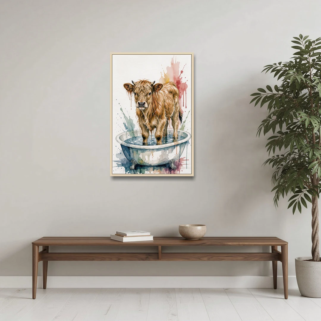 Highland Cow Bathroom Canvas with a Dripping Calf - Oak Framed Canvas Wall Art - Coffee Table - 24x36