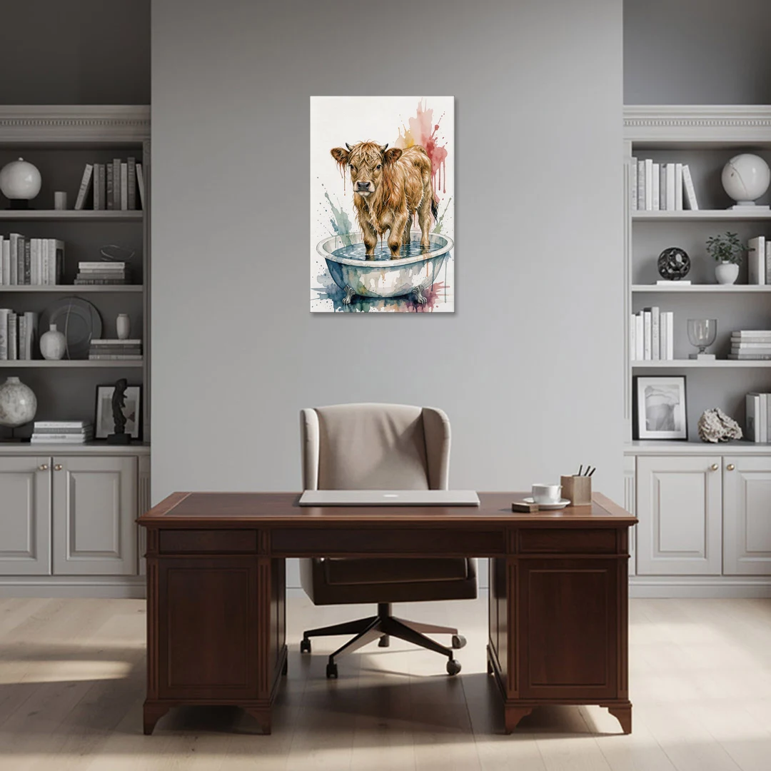 Highland Cow Bathroom Canvas with a Dripping Calf - Canvas Wall Art - Office - 24x36