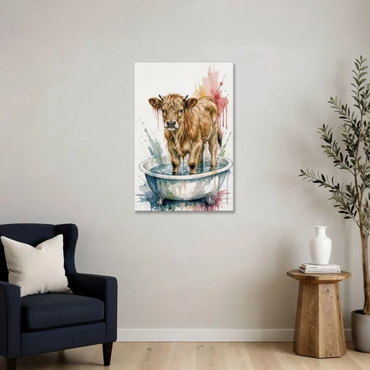 Highland Cow Bathroom Canvas with a Dripping Calf - Canvas Wall Art - Sofa - 24x36