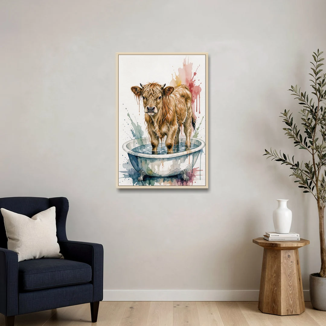 Highland Cow Bathroom Canvas with a Dripping Calf - Oak Framed Canvas Wall Art - Sofa - 24x36