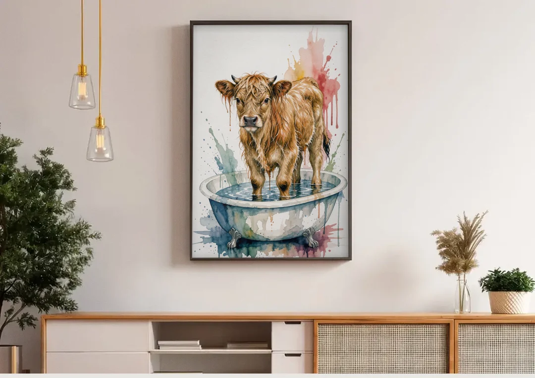 Highland Cow Bathroom Canvas with a Dripping Calf canvas wall art above a wooden sideboard under pendant lights