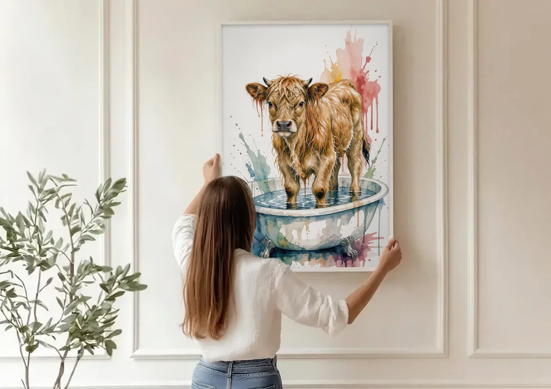 Highland Cow Bathroom Canvas with a Dripping Calf canvas wall art being hung on a paneled wall