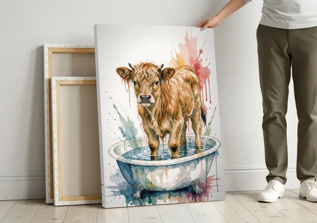 Highland Cow Bathroom Canvas with a Dripping Calf canvas wall art leaning against a wall next to blank canvases