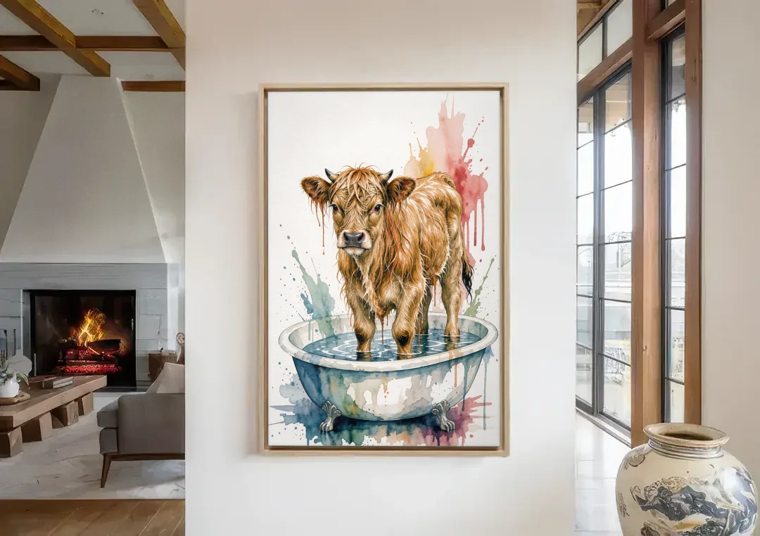 Highland Cow Bathroom Canvas with a Dripping Calf canvas wall art in a living room with a fireplace