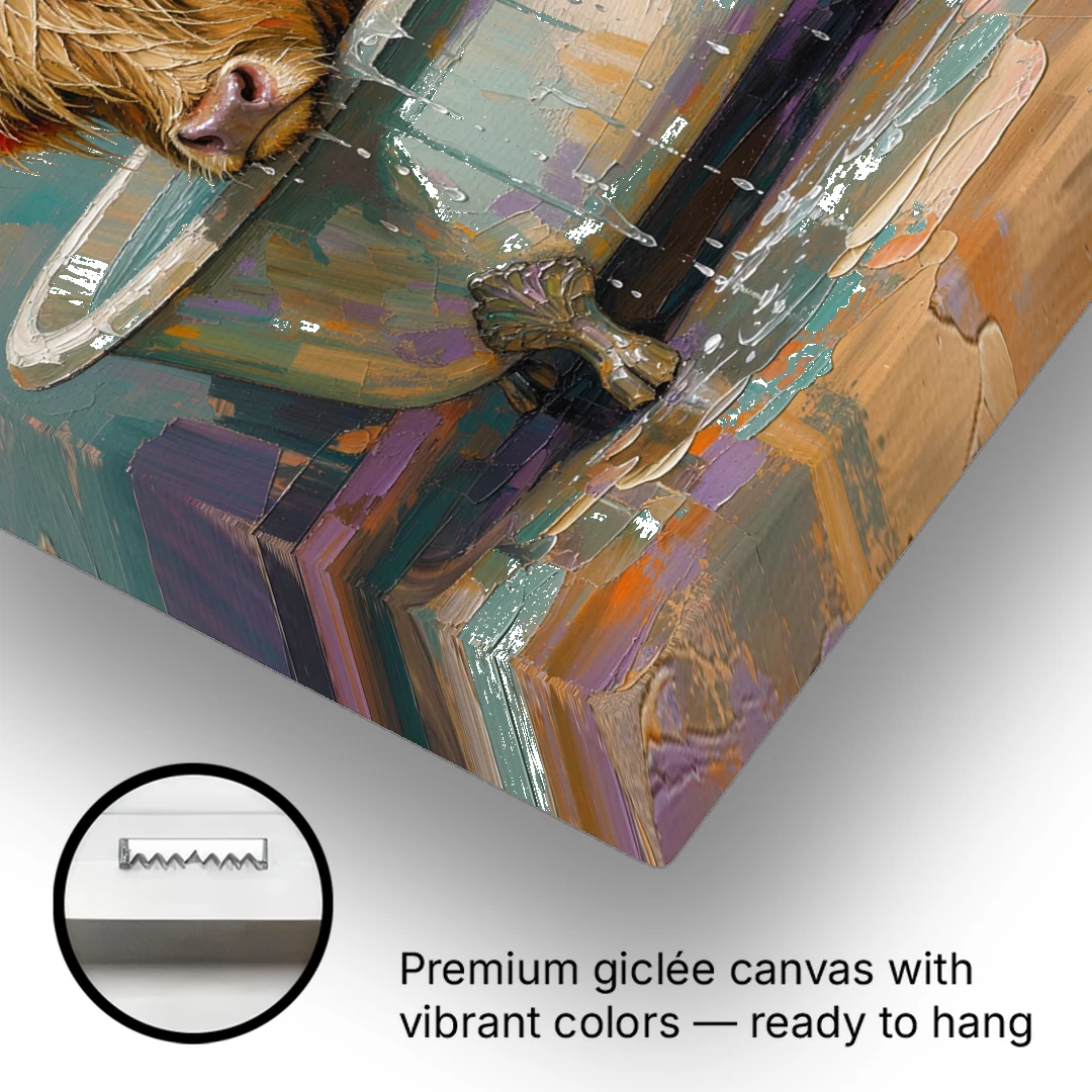 Highland Cow Bathroom Wall Art in a Too-Small Tub - Canvas Wall Art - Gallery Wrap Corner