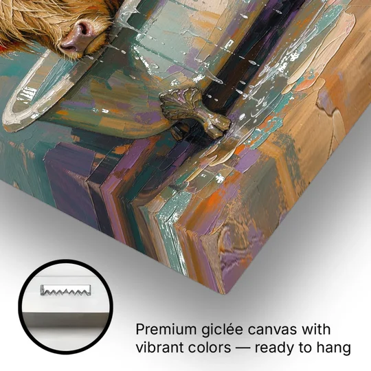 Highland Cow Bathroom Wall Art in a Too-Small Tub - Canvas Wall Art - Gallery Wrap Corner