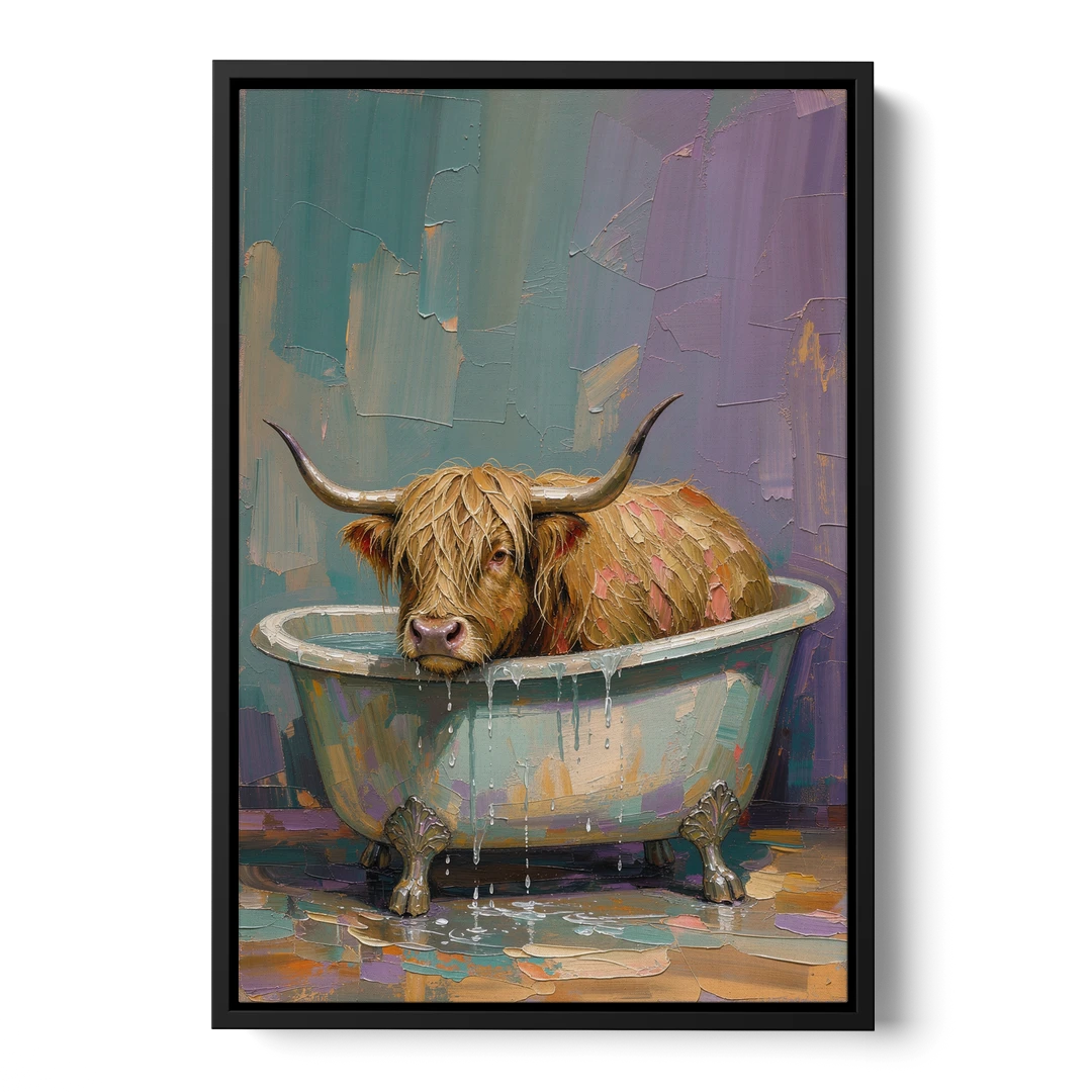 Highland Cow Bathroom Wall Art in a Too-Small Tub - Black Framed Canvas Wall Art - Front