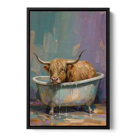 Highland Cow Bathroom Wall Art in a Too-Small Tub - Black Framed Canvas Wall Art - Front