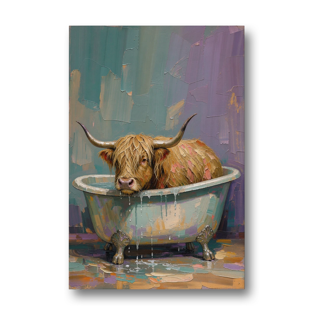 Highland Cow Bathroom Wall Art in a Too-Small Tub - Canvas Wall Art - Front