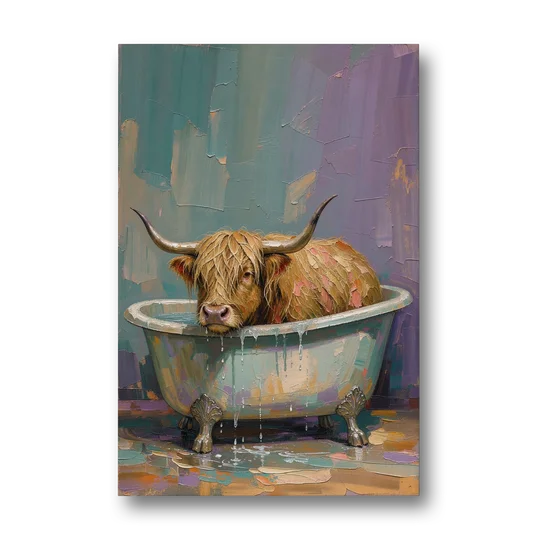 Highland Cow Bathroom Wall Art in a Too-Small Tub - Canvas Wall Art - Front