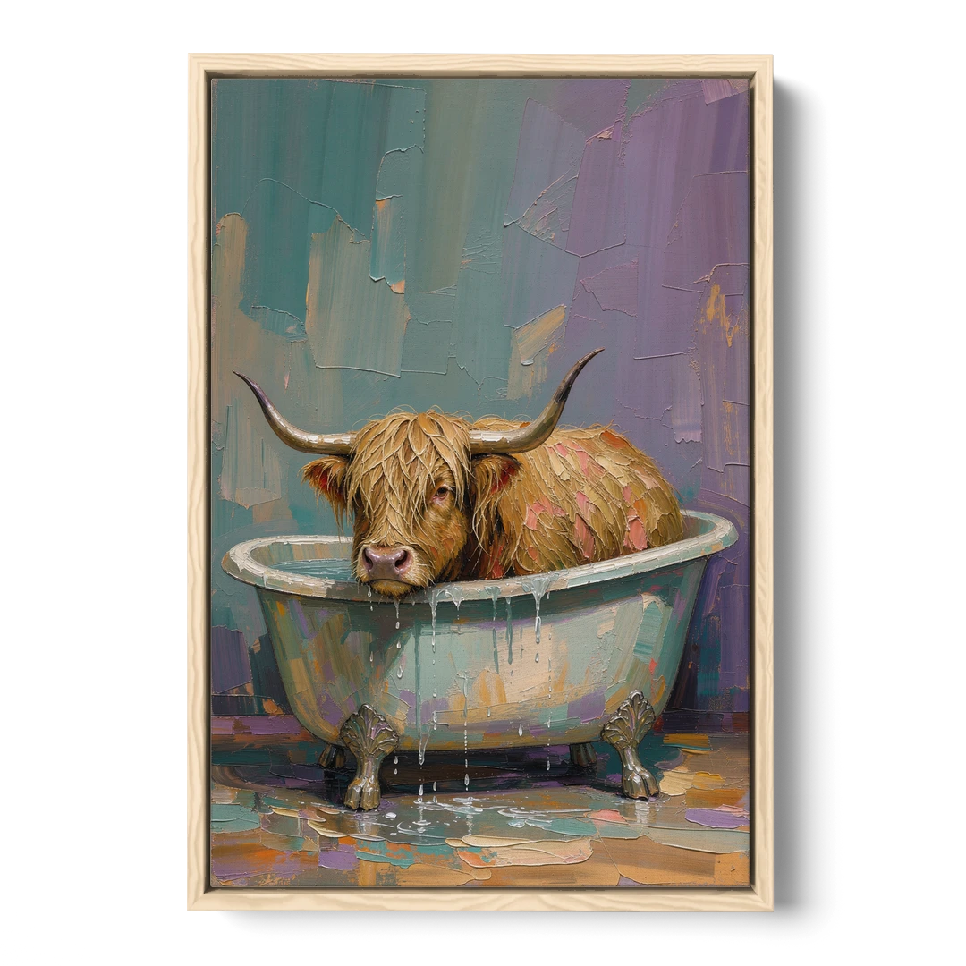 Highland Cow Bathroom Wall Art in a Too-Small Tub - Oak Framed Canvas Wall Art - Front