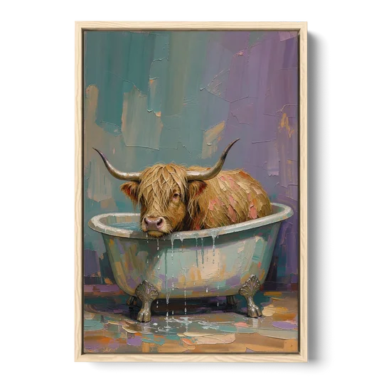 Highland Cow Bathroom Wall Art in a Too-Small Tub - Oak Framed Canvas Wall Art - Front