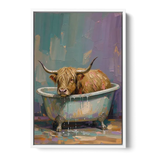 Highland Cow Bathroom Wall Art in a Too-Small Tub - White Framed Canvas Wall Art - Front