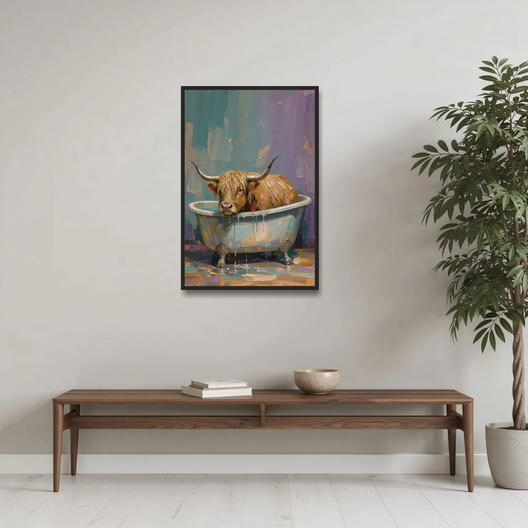 Highland Cow Bathroom Wall Art in a Too-Small Tub - Black Framed Canvas Wall Art - Coffee Table - 24x36