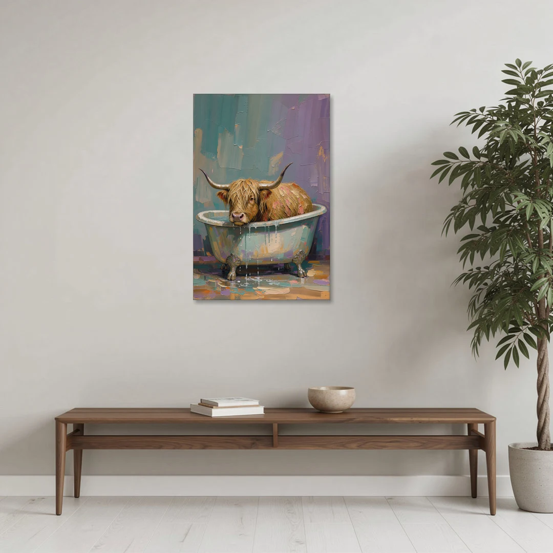 Highland Cow Bathroom Wall Art in a Too-Small Tub - Canvas Wall Art - Coffee Table - 24x36