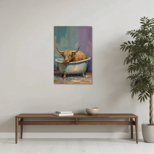 Highland Cow Bathroom Wall Art in a Too-Small Tub - Canvas Wall Art - Coffee Table - 24x36