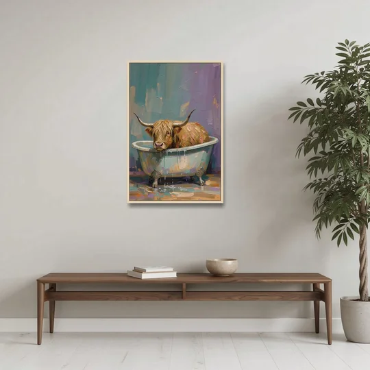 Highland Cow Bathroom Wall Art in a Too-Small Tub - Oak Framed Canvas Wall Art - Coffee Table - 24x36