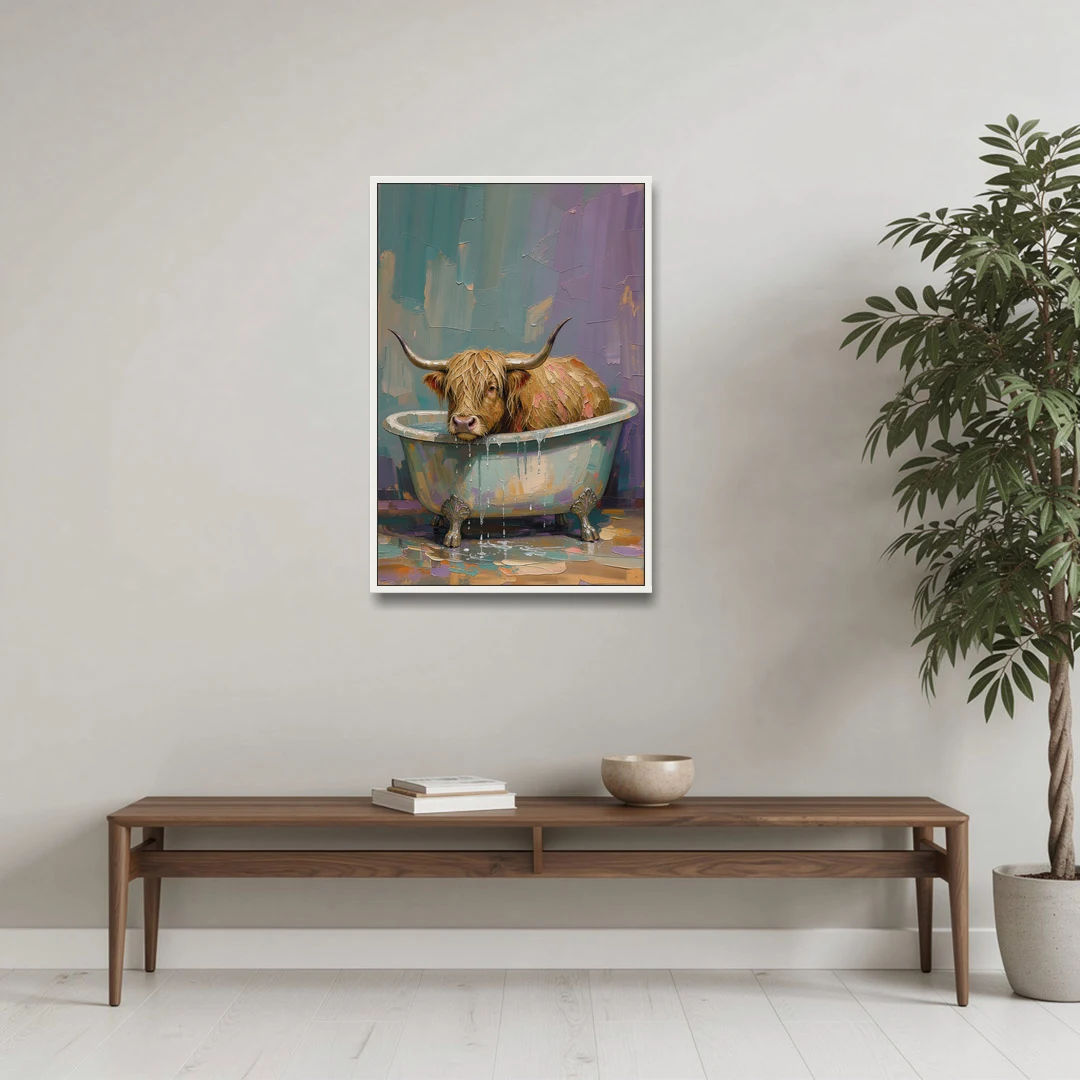 Highland Cow Bathroom Wall Art in a Too-Small Tub - White Framed Canvas Wall Art - Coffee Table - 24x36